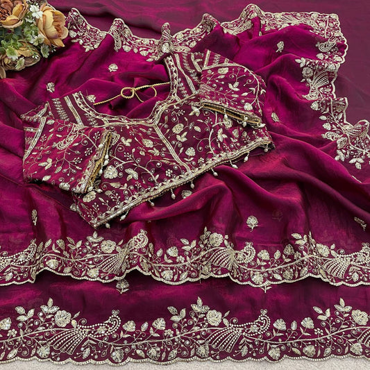 Wine Purple Pure Fancy Satin Silk Saree with Zari Sequin Embroidery Cutwork Border & Stitched Blouse