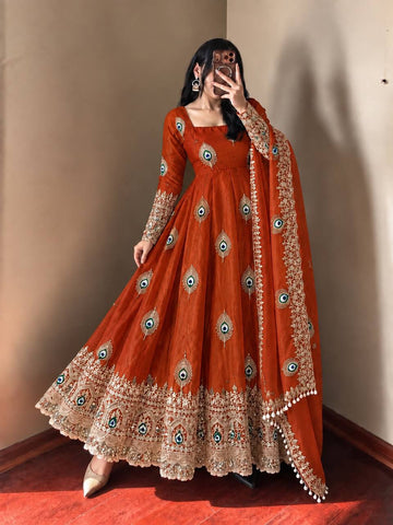 Copper Rust Peacock Embroidered Heavy Anarkali Suit Set with Matching Dupatta