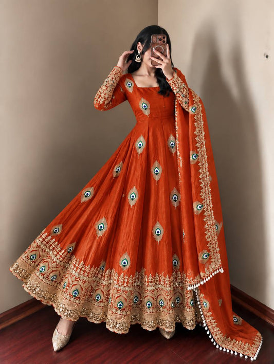 Copper Rust Peacock Embroidered Heavy Anarkali Suit Set with Matching Dupatta