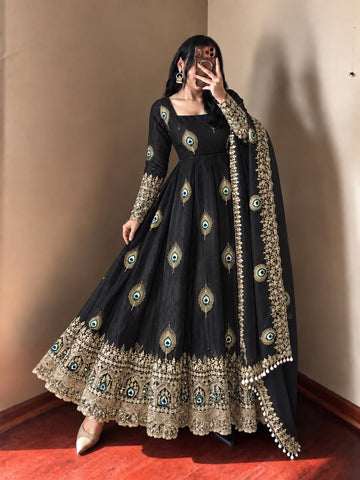 Black Peacock Motif Anarkali Gown with Intricate Golden Embroidery Matching Dupatta