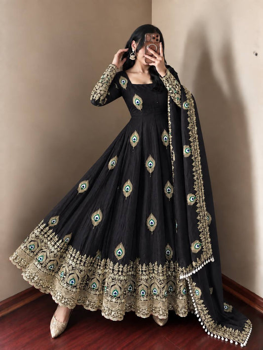 Black Peacock Motif Anarkali Gown with Intricate Golden Embroidery Matching Dupatta