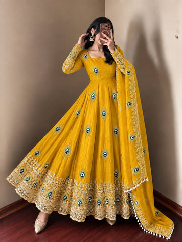 Mustard Yellow Peacock Motif Anarkali Gown with Heavy Embroidered Lace Border & Designer Dupatta