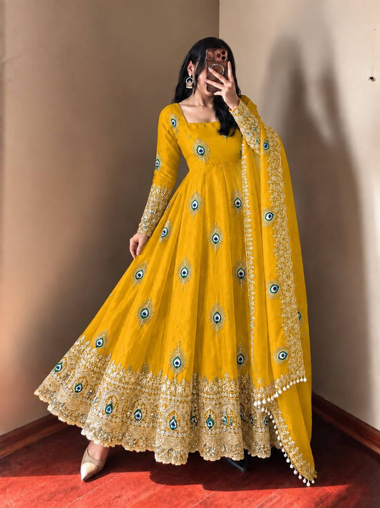 Mustard Yellow Peacock Motif Anarkali Gown with Heavy Embroidered Lace Border & Designer Dupatta