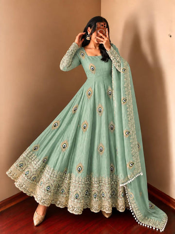 Mint Green Peacock Motif Anarkali Gown with Lace Border & Designer Dupatta