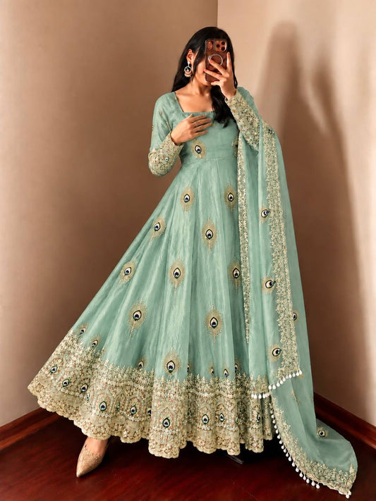 Mint Green Peacock Motif Anarkali Gown with Lace Border & Designer Dupatta