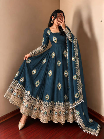 Blue Designer Anarkali Gown Featuring Peacock Motif & Scalloped Dupatta
