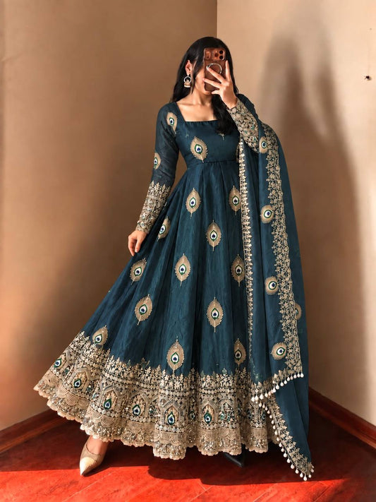 Blue Designer Anarkali Gown Featuring Peacock Motif & Scalloped Dupatta