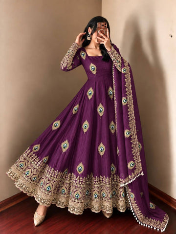 Royal Purple Anarkali Suit Set with Peacock Feather Embroidery & Gold Zari Border Dupatta