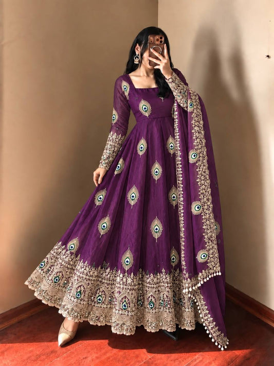 Royal Purple Anarkali Suit Set with Peacock Feather Embroidery & Gold Zari Border Dupatta