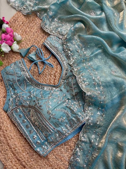 Dusty Blue Pure Soft Fandy Satin Silk Saree with Sequence Embroidery & Multi Border Aarco Work