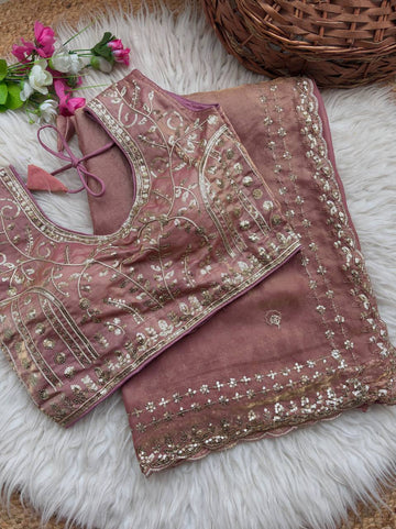 Dusty Pink Pure Soft Fandy Satin Silk Saree with Sequence Embroidery & Multi Border Aarco Work