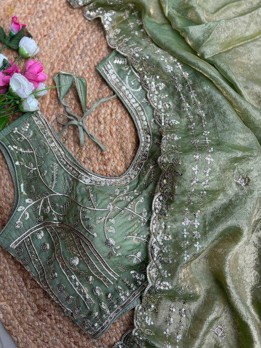 Sage Green Pure Soft Fandy Satin Silk Saree with Sequence Embroidery & Multi Border Aarco Work