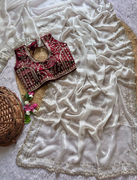 White Pure Soft Fandy Satin Silk Saree with Sequence Embroidery & Multi Border Aarco Work