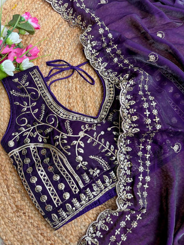 Purple Pure Soft Fandy Satin Silk Saree with Sequence Embroidery & Multi Border Aarco Work