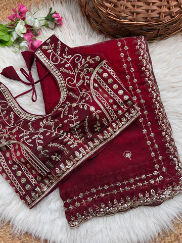 Maroon Pure Soft Fandy Satin Silk Saree with Sequence Embroidery & Multi Border Aarco Work