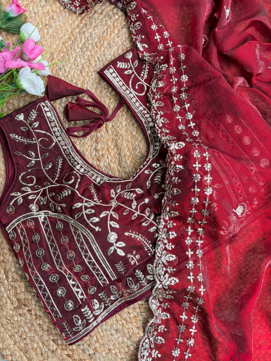 Maroon Pure Soft Fandy Satin Silk Saree with Sequence Embroidery & Multi Border Aarco Work