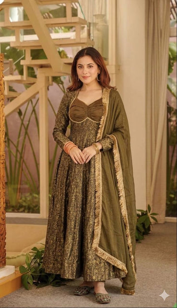 Goldwork Anarkali Suit Set for Women - Brocade Jacquard Kurta with Dupatta