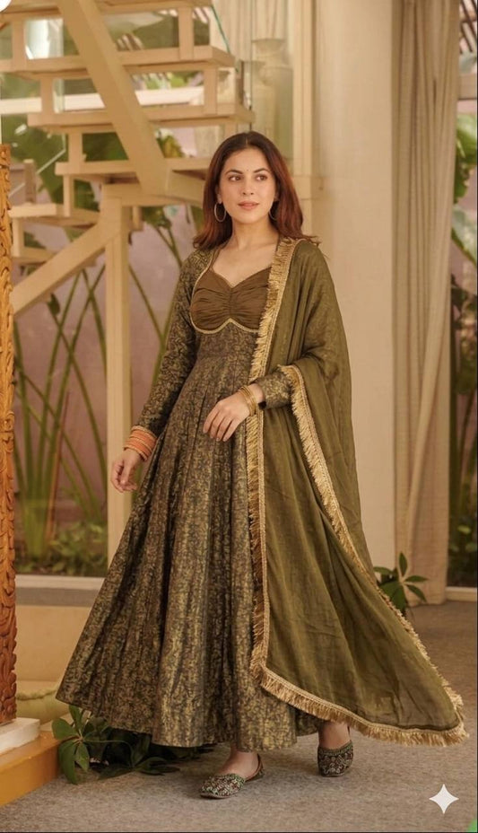 Goldwork Anarkali Suit Set for Women - Brocade Jacquard Kurta with Dupatta
