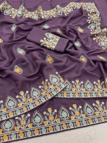 Purple Pure Star Georgette Silk Saree with Thread Work Embroidery & Piping Border