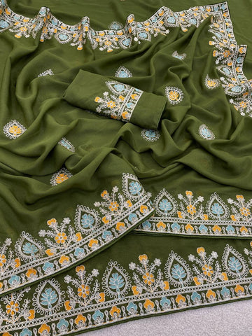 Olive Green Pure Star Georgette Silk Saree with Thread Work Embroidery & Piping Border