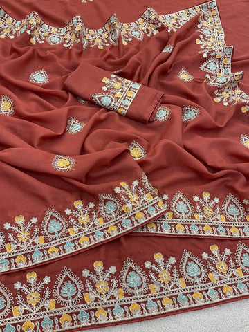 Rust Brown Pure Star Georgette Silk Saree with Thread Work Embroidery & Piping Border