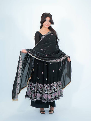 Black Embroidered Anarkali Suit Set for Women - Fendy Silk Kurta with Dupatta