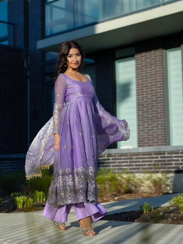 Lavender Embroidered Anarkali Suit Set for Women - Fendy Silk Kurta with Dupatta