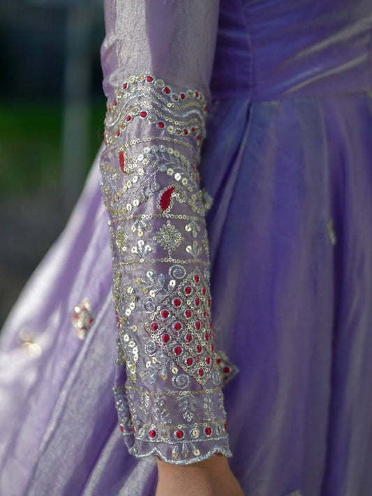 Lavender Embroidered Anarkali Suit Set for Women - Fendy Silk Kurta with Dupatta