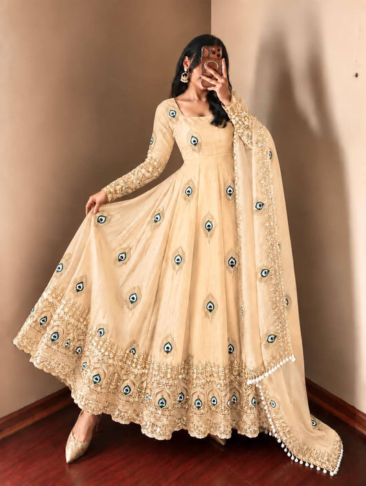Off-White Peacock Embroidered Trendy Anarkali Suit Set for Women with Dupatta