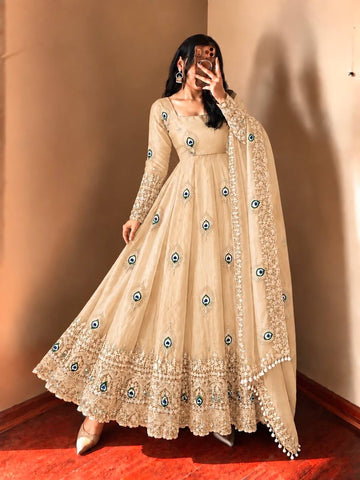 Off-White Peacock Embroidered Trendy Anarkali Suit Set for Women with Dupatta