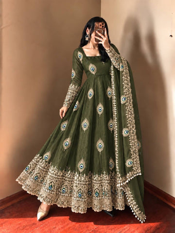 Moss Green Designer Anarkali Gown Featuring Peacock Motif & Scalloped Dupatta