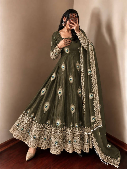Moss Green Designer Anarkali Gown Featuring Peacock Motif & Scalloped Dupatta