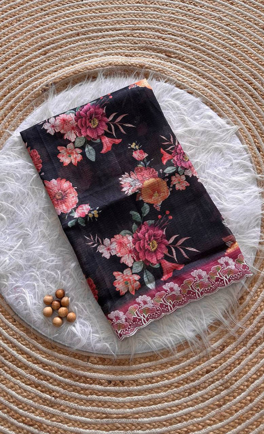 Black Kota Doriya Digital Printed Saree with Scalloped Border
