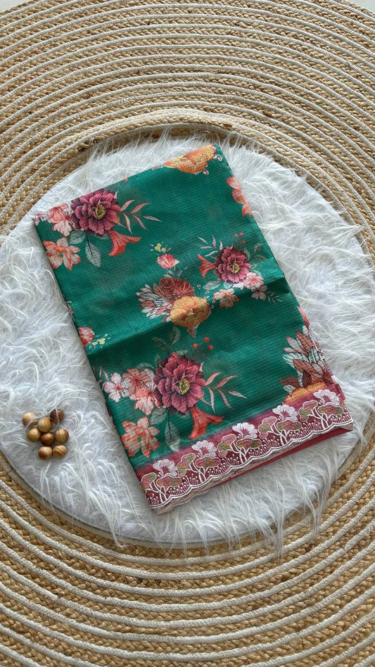 Designer Teal Sea Green Kota Doriya Digital Printed Saree with Scalloped Border