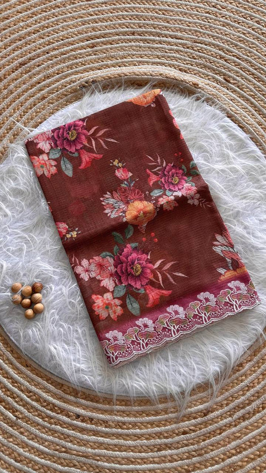 Dark Brown Kota Doriya Digital Printed Saree with Scalloped Border