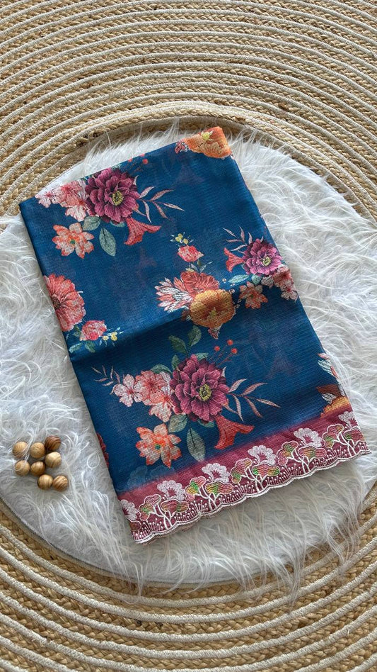 Peacock Blue Kota Doriya Digital Printed Saree with Scalloped Border