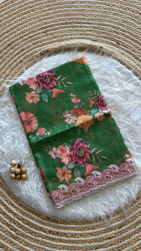Forest Green Floral Printed Kota Doriya Saree with Cutwork Border