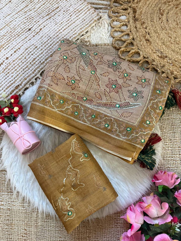 Beige Gold Pure Simar Silk Digital Printed Saree with Hand Khatli Work & Decorative Doll Pallu