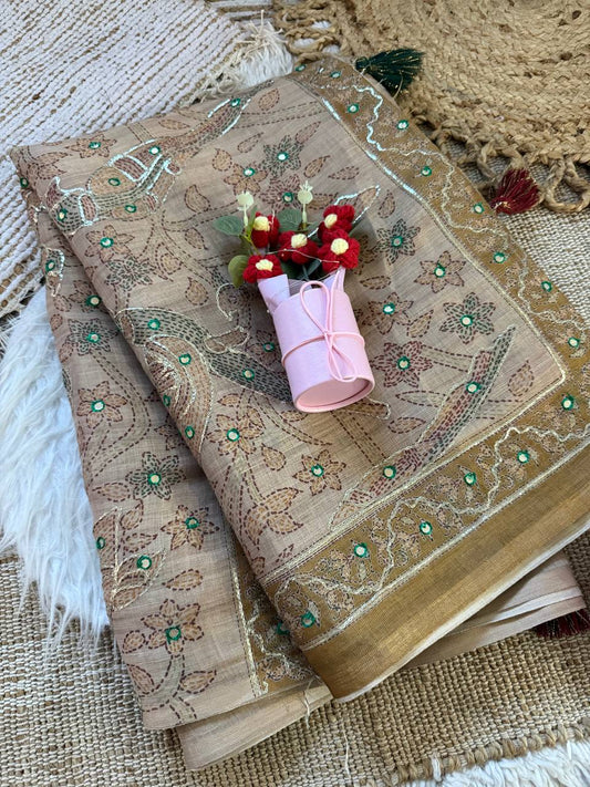 Beige Gold Pure Simar Silk Digital Printed Saree with Hand Khatli Work & Decorative Doll Pallu