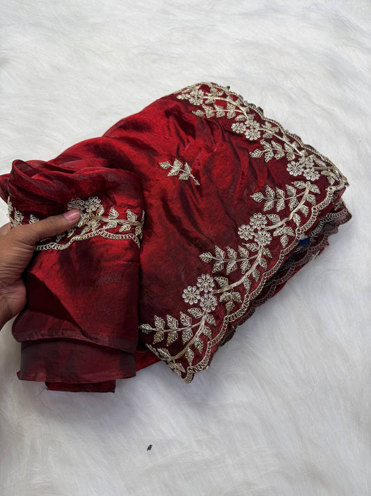 Red Premium Fancy Satin Saree with Spring Dori Embroidery & Butta Work