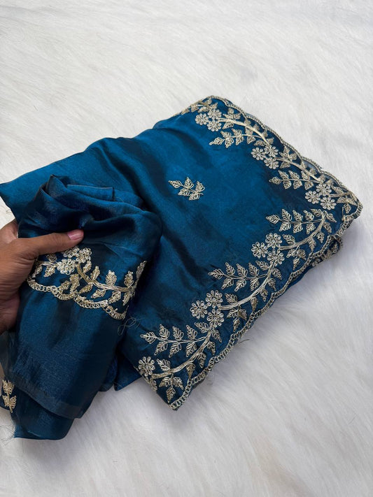 Peacock Blue Premium Fancy Satin Saree with Spring Dori Embroidery & Butta Work