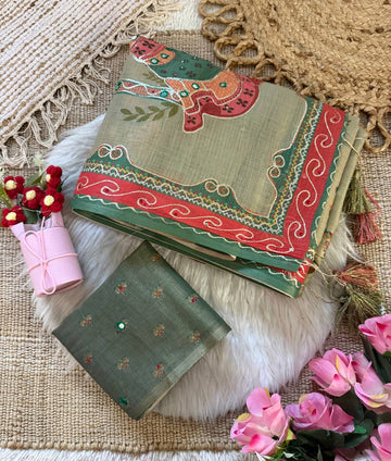 Sage Olive Green Pure Shimmer Silk Digital Print Saree with Kathli Work & Puppet Doll Pallu