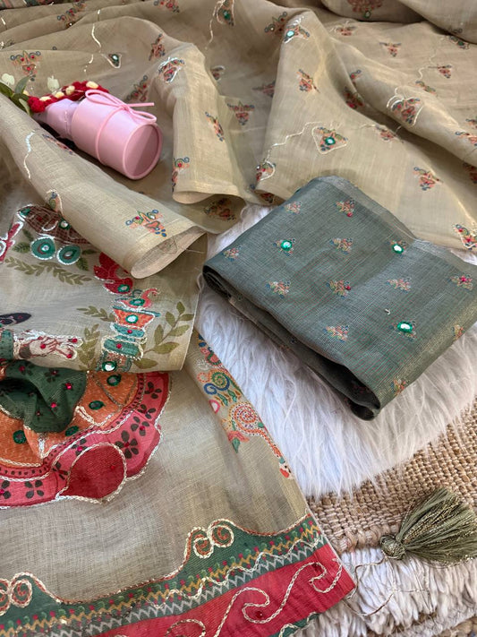 Sage Olive Green Pure Shimmer Silk Digital Print Saree with Kathli Work & Puppet Doll Pallu