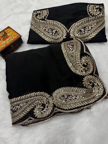 Black Premium Rangoli Silk Saree with C-Pallu Zari Thread & 3mm Sequence Embroidery