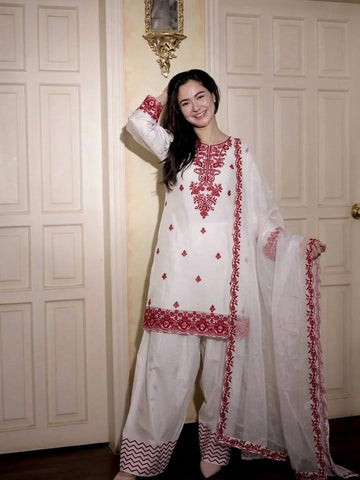 Elegant White Rayon Cotton Embroidered Kurta Set with Farshi Pants & Dupatta