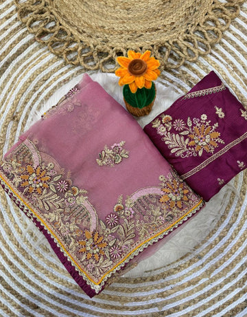 Pink Embroidered Zippy Silk Saree with Brocade Blouse