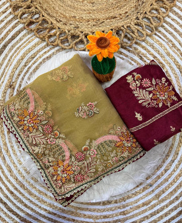 Olive Green Embroidered Zippy Silk Saree with Brocade Blouse