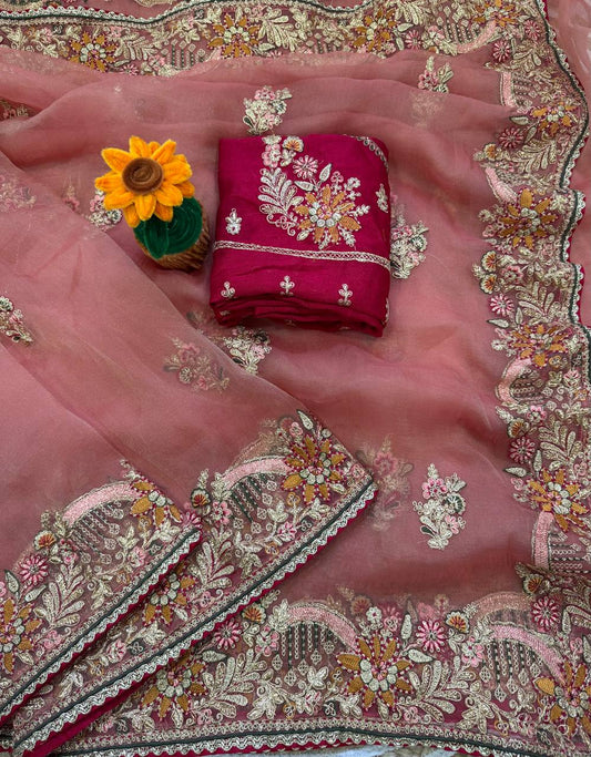 Peach Pink Embroidered Zippy Silk Saree with Brocade Blouse