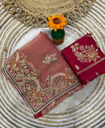 Peach Pink Embroidered Zippy Silk Saree with Brocade Blouse