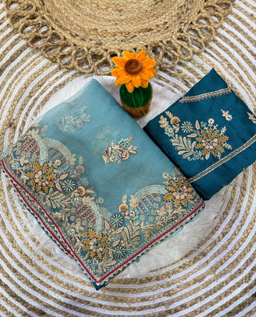 Sea Green Embroidered Zippy Silk Saree with Brocade Blouse